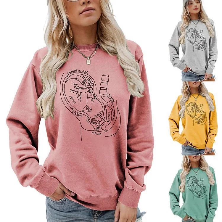 جديد إمرأة Crewneck البلوز مع جيب الناقل الطفل المطبوعة الأمومة التمريض الأعلى للأمهات الجدد دافئ هدية أنيقة غير رسمية
