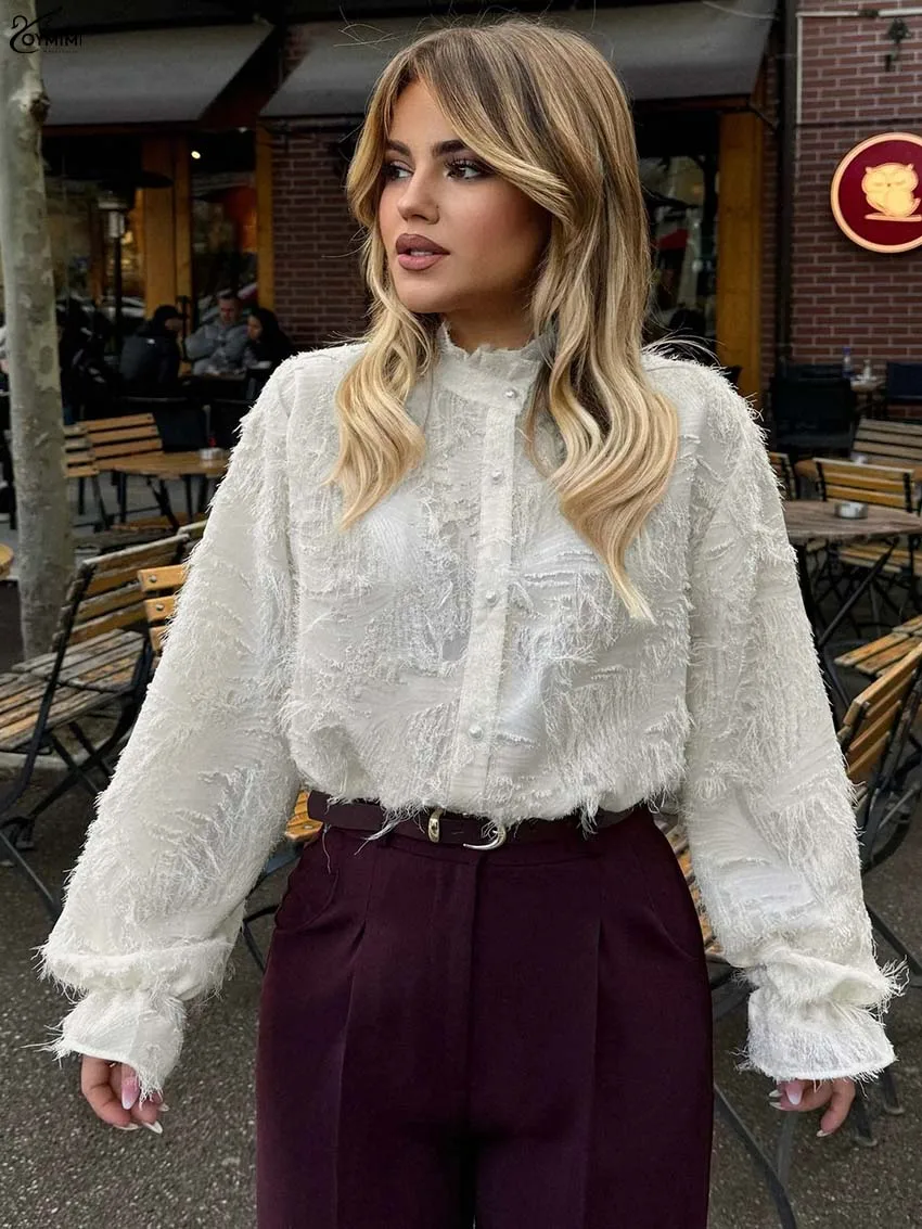Oymimi Elegant Beige Feathers Women's Shirt Fashion Long Sleeve Thin Blosues Casual Single Breasted Solid Shirts Female Clothes