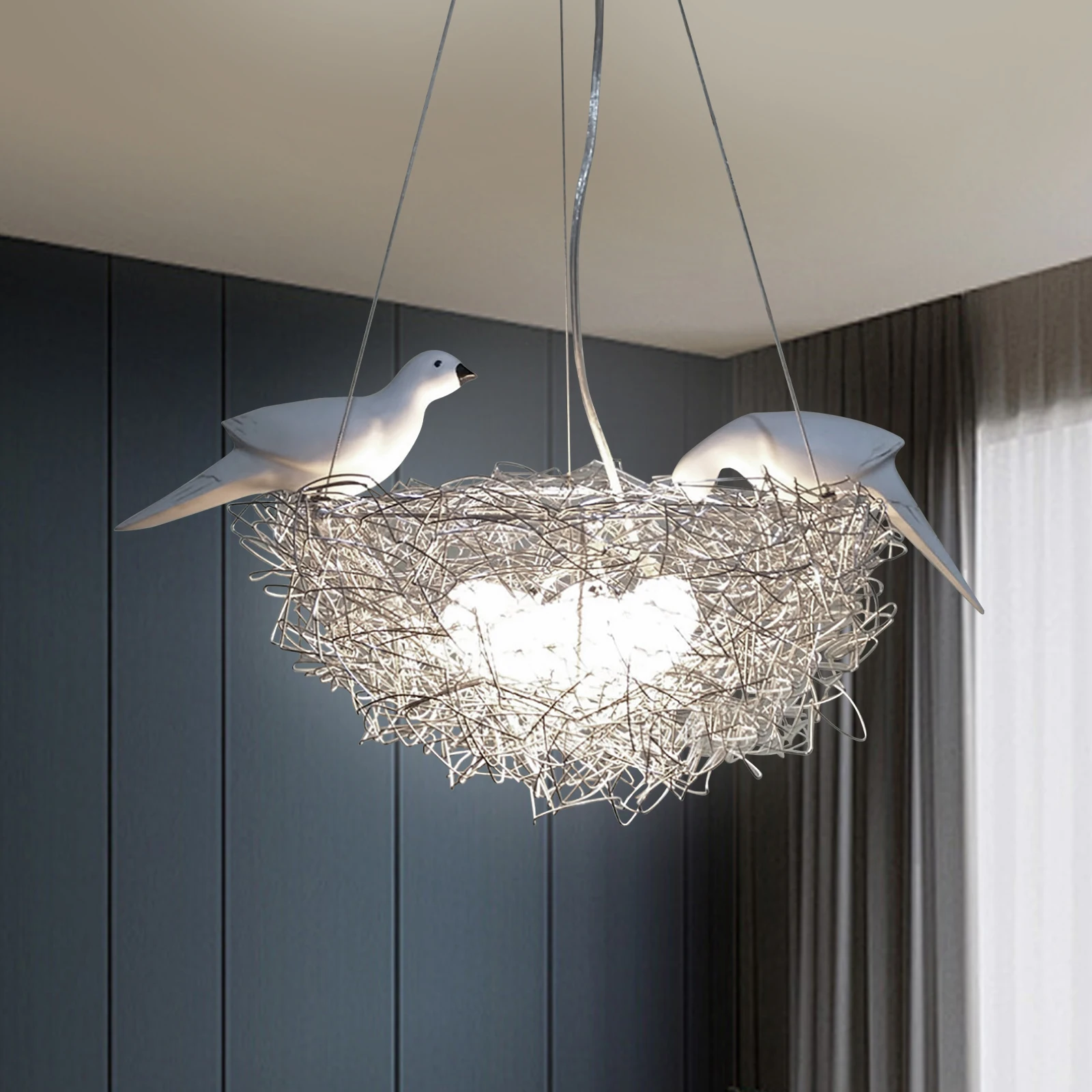 5 Light Woven Nest Chandelier Light Contemporary Metal Pendant Lamp with Bird Accents Creative LED Hanging Ceiling Light Fixtur