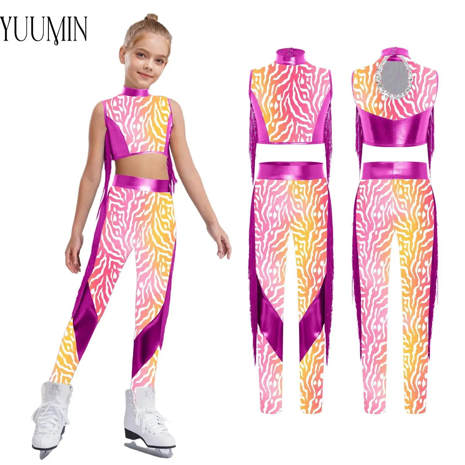 

Kids Girl Zebra-Stripe Tassel Sports Suit Jazz Dance Performance Set Sleeveless Keyhole Back Tops+Leggings 2-piece Dancewear Set