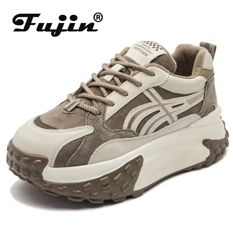 Fujin 5Cm Natuurlijke Lederen Platform Wedge Lente Herfst Winter Warm Pluche Chunky Sneakers Vrouwen Lace Up Gemengde Kleur schoenen