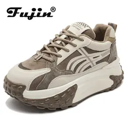 Fujin 5cm piattaforma in vera pelle naturale zeppa primavera autunno inverno caldo peluche Chunky Sneakers donna stringate scarpe di colore misto