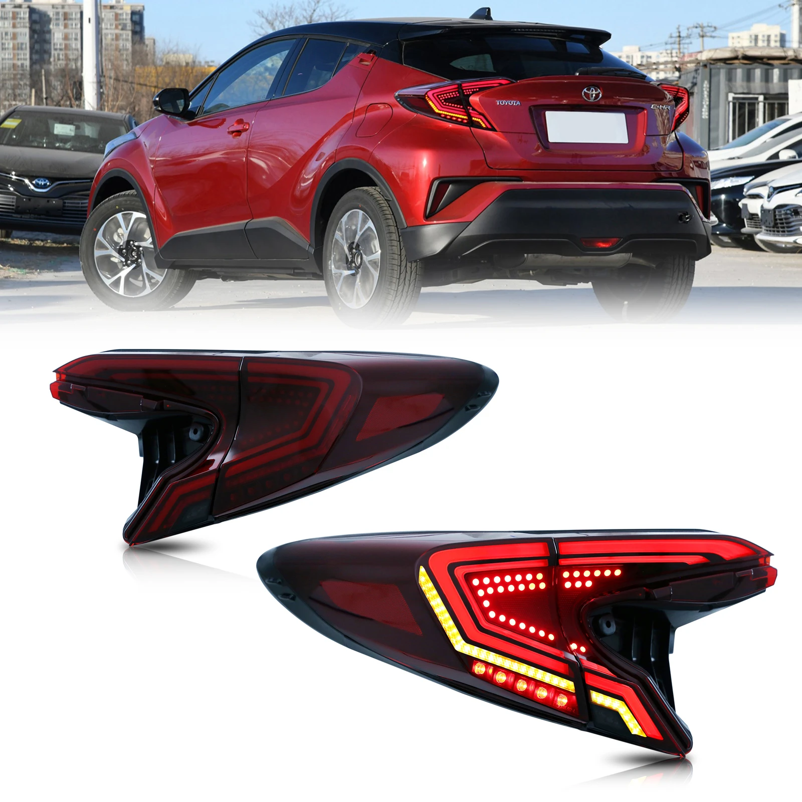 

1 комплект светодиодных красных задних фонарей для Toyota C-HR CHR 2018-2022, анимационные последовательные указатели поворота, задние стоп-сигналы багажника в сборе