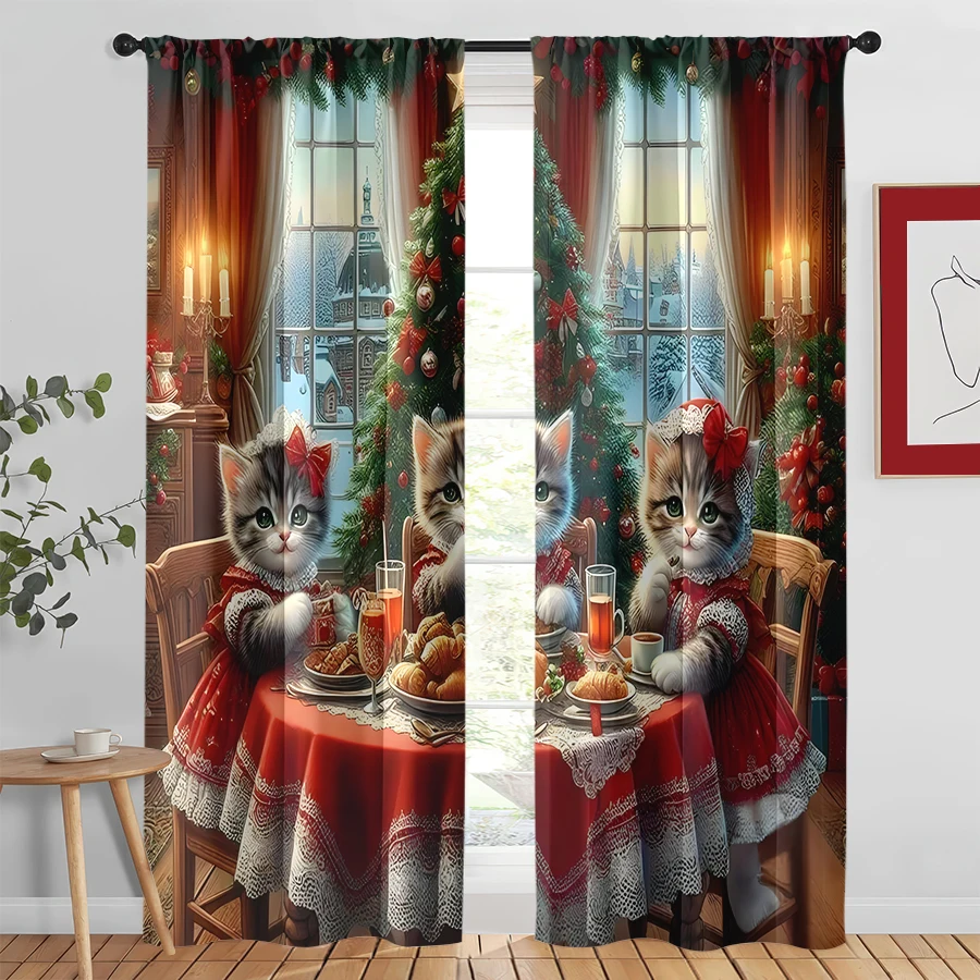 2PCS Christmas Winter Curtains, Kittens Tea Party, Digital Print, Bedroom Living Room Kitchen, Rod Pocket Polyester, Home Decor