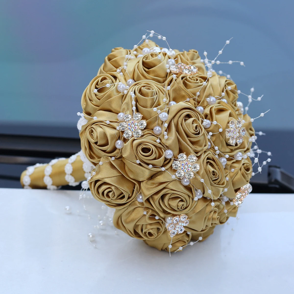 Wedding Light Gold Bride Handmade Rose bouquet Luxury  Romantic Pearls Crystal Hand bouquet Bridesmaids bouquet Gift W809C