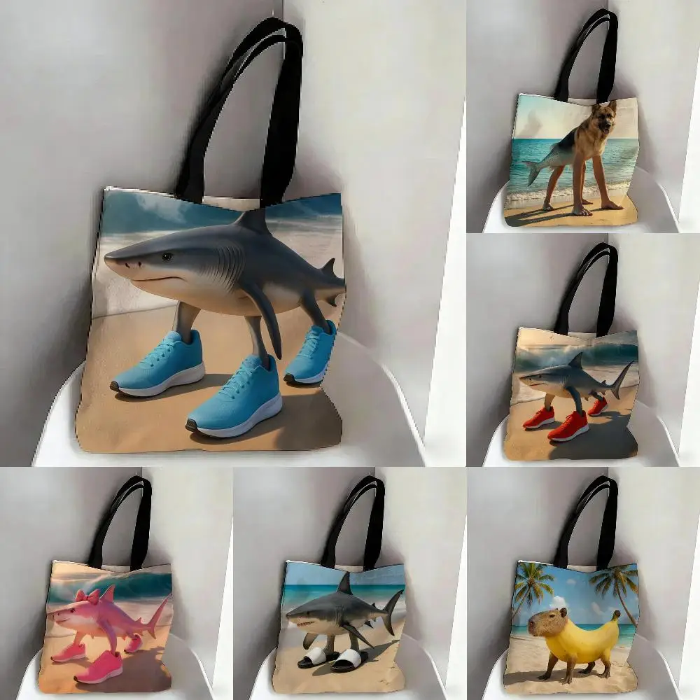 Lustige Aufbewahrungstaschen mit Hai-, Hunde- und Schweine-Motiv, Canvas-Tragetasche, doppelseitig bedruckt, modische Schulter-Einkaufstasche, Geschenk-Handtaschen