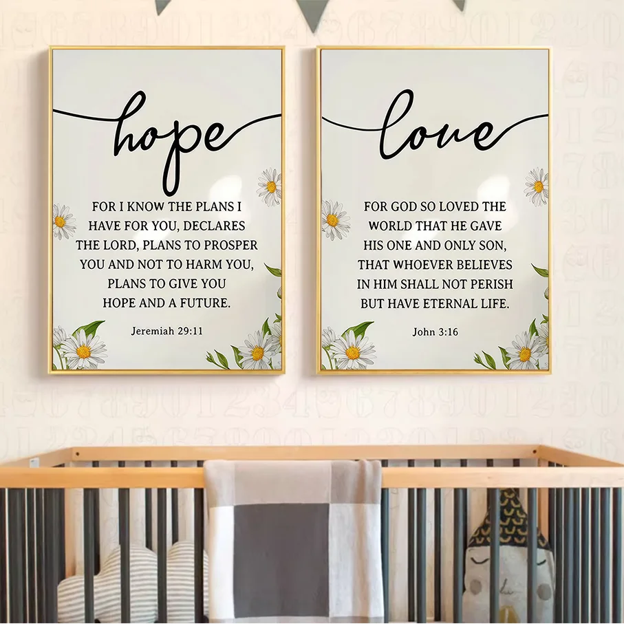 Unframed Canvas Wall Art Christian Hope Love Daisy Floral Bible Verse Nursery Decor Jeremiah 9:11 John 3:16