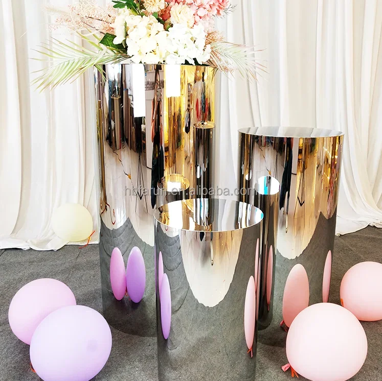 Factory Customized Gold Stainless Steel Cake Pedestal Round Cylinder Dessert Table Cake Plinth Stand for Wedding Decoration
