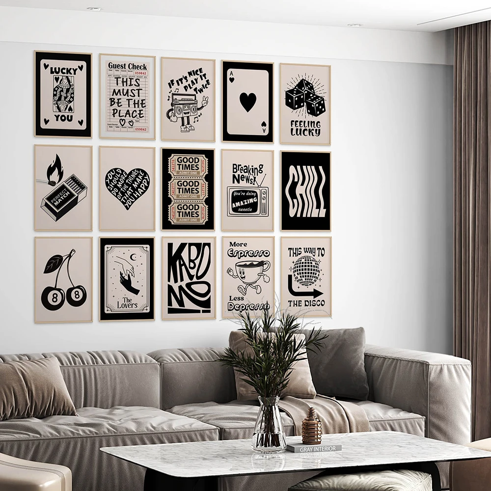 Retro Trendy Y2K Dorm Gallery Wall Art Set Guest Check Print Lucky You Poster Preppy Apartment Aesthetic Beige Black Room Decor