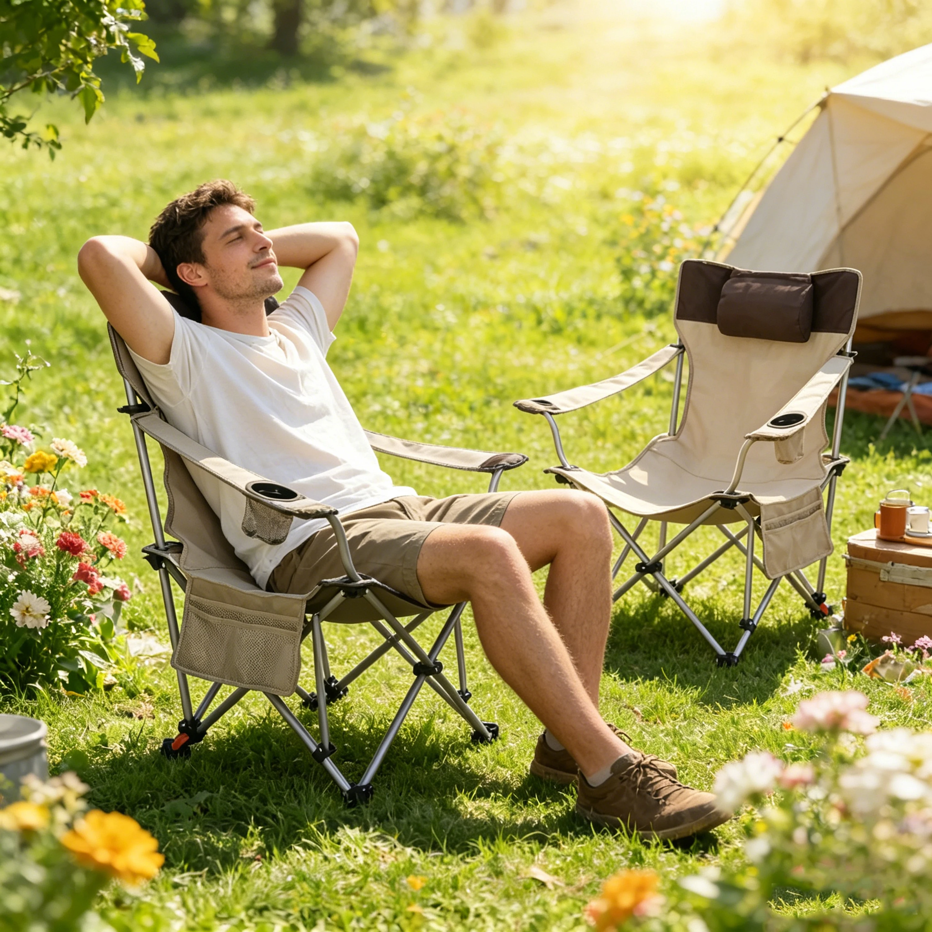 Outdoor Camping Lounge Chairs - 2脚セット アウトドアキャンプチェア、3段階調整可能なリクライニングラウンジチェア、カップホルダーとサイドポケット付きポータブル折りたたみシート、ベージュ