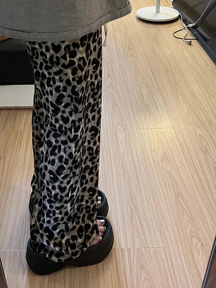 Eis Seide Casual Hosen frauen Sommer Dünne Gerade Lose Gehen Breite Bein Hosen Hohe Taille Pendeln Sle Leopard Muster