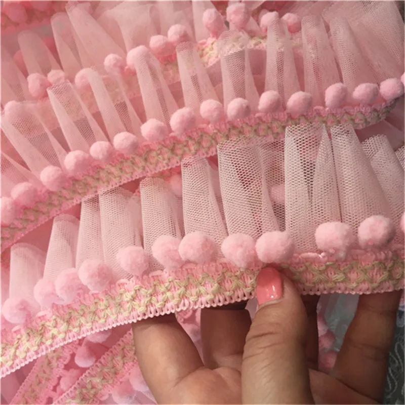 5CM Wide Double Layers Mesh 3D Pleated Lace Collar Trim Embroidered Pompom Fringe Ribbon Dolls Dress Cloth Crafts Sewing Decor