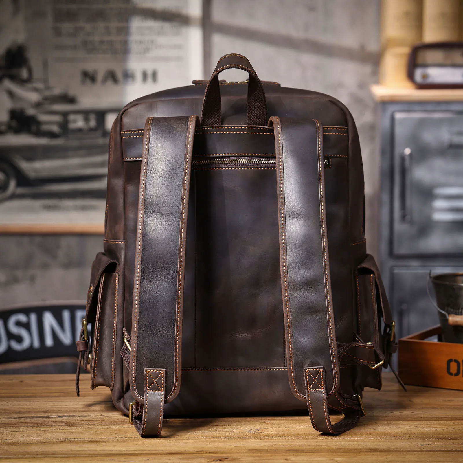 S.WORKER Vintage Echtleder-Rucksack für Herren, Große Laptop-Schultertasche aus Rindsleder, Klassische Vintage Crazy Horse Schultasche für Reisen – Detail 9