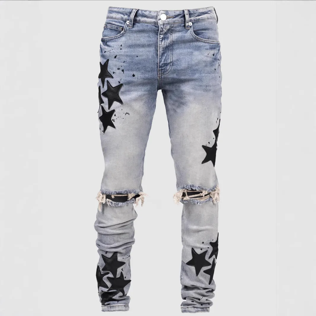 

Ripped Men Jeans Denim Pant Star Mid Waist Slim Fit Vintage Wash Punk Style Skinny Pencil Pants Distressed Holes Ankle Length