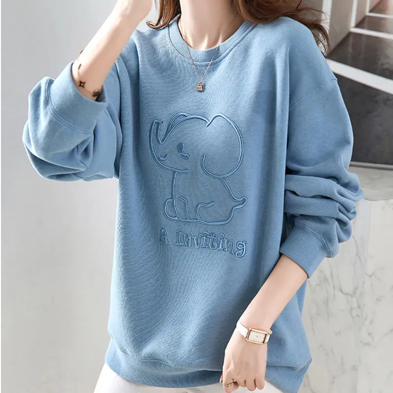 Casual Stylish Cartoon Embroidery Sweatshirts Letter Women\'s Clothing Korean O-Neck Spring Autumn Commute Long Sleeve Pullovers