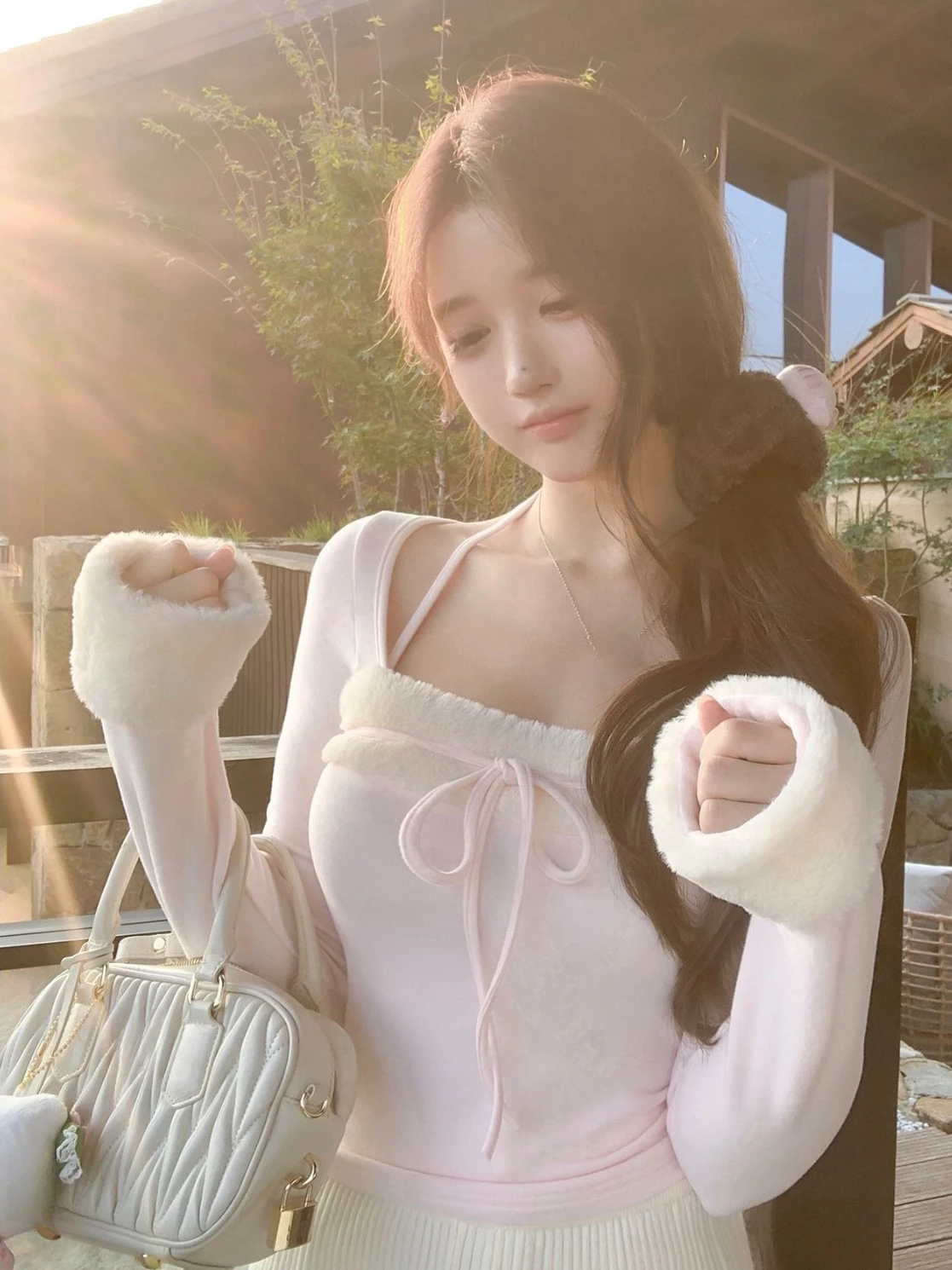 Sweet Fur Patchwork Square Neck Women's Long Sleeved T-Shirt Autumn New Spicy Girl Slim Fit Bottom Tops Elegant Slim Fit New