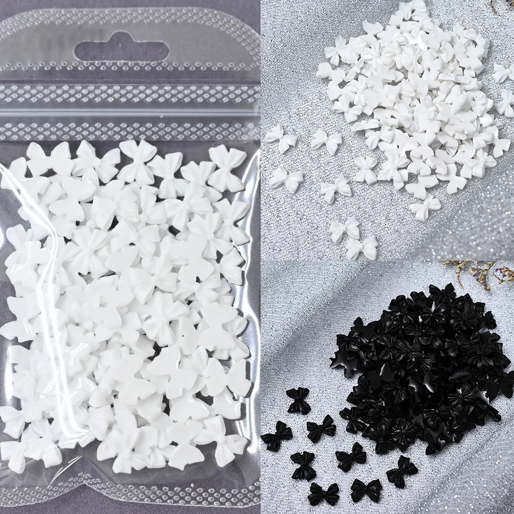 

100/50/30pcs Resin Bow Nail Charms White Black 3D Long Ribbon Bowknot 3D Rhinestone For Korean DIY Kawaii Nail Art Decoration