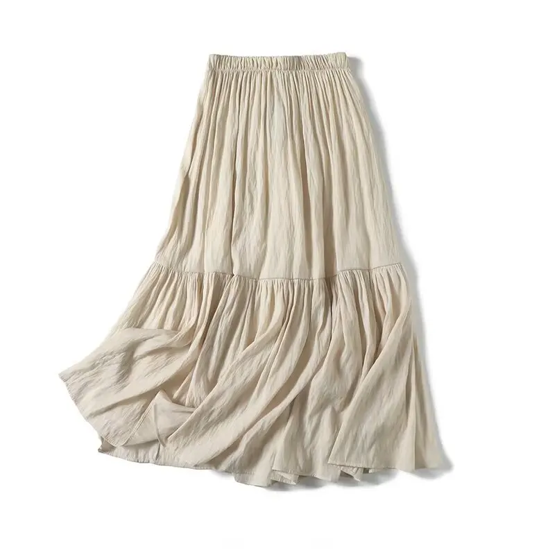 Women's 2024 New Fashion Temperament Joker Pleated Design Long Skirt Retro High Elastic Waist Lining Skirt.