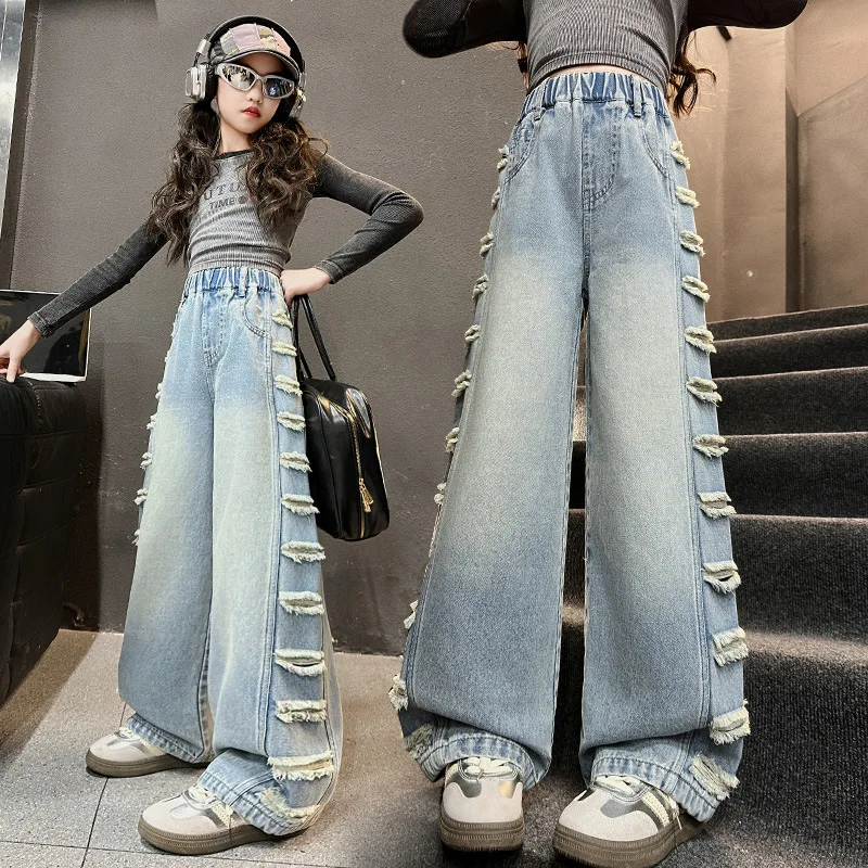 جينز ربيعي للأطفال البنات لعام 2025 سروال جرس مرن للأطفال ممزق بنطال ذو قصة أرجل واسعة من قماش الدنيم بنطلون خريفي 4 5 8 10 11 12 13 سنة #1