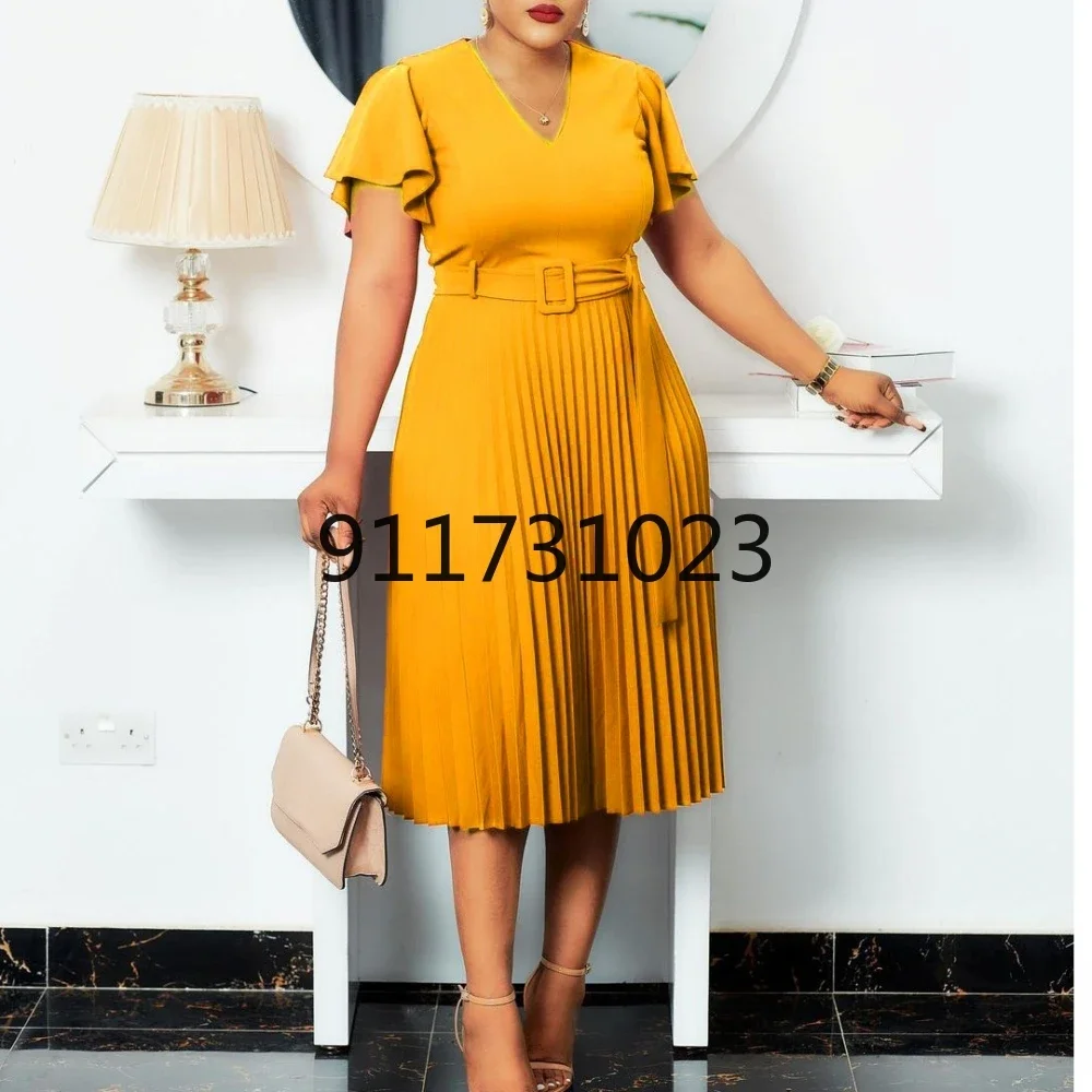 Women Midi Dress Solid Pleated A-line Vestidos Ladies Vintage Elegance Vestidos Fashion Streetwear Summer Outfits 2024