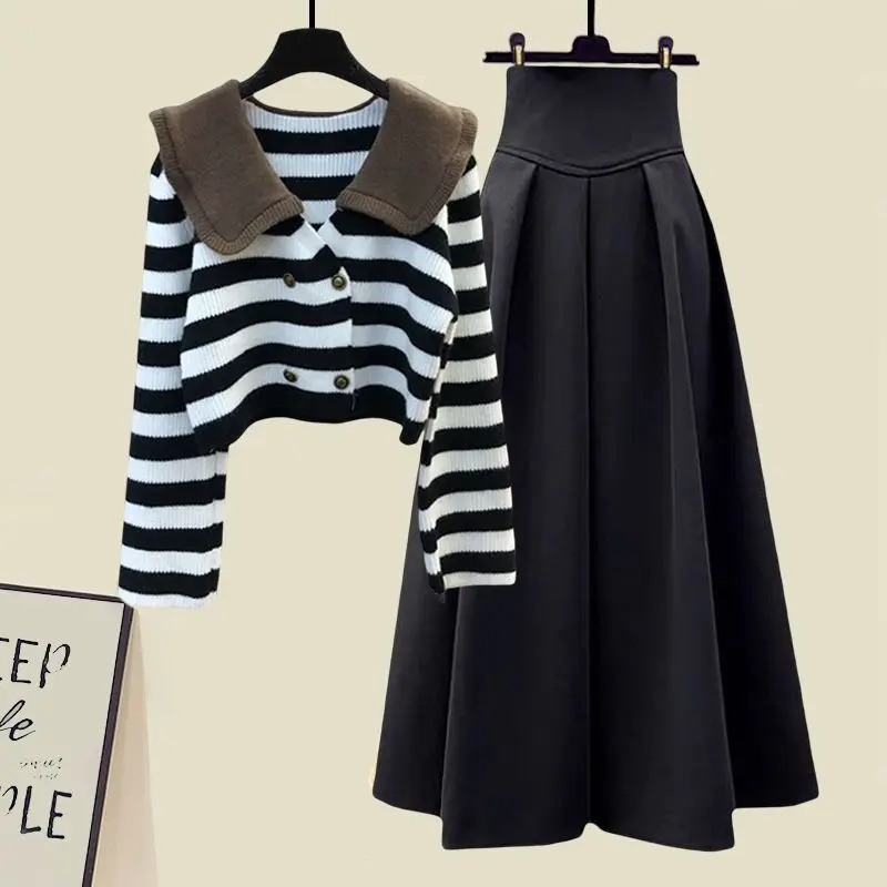 Large Women's Autumn and Winter New Set 2023 Fashion Slim Doll Neck Sweater High Waist Half Skirt Two Piece Set
