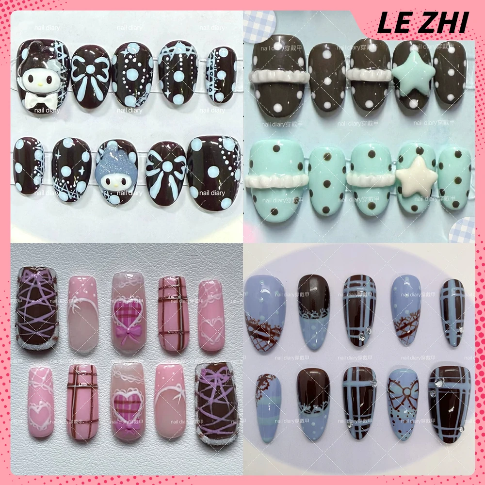 

10Pcs Cartoon Anime Sanrio Hello Kitty My Melody Kuromi Handmade Press On Nails Cute 3D Rilakkuma Strawberry Bow Fake Nail Gift