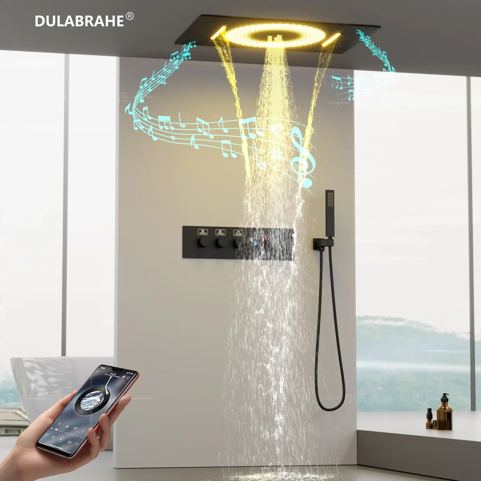 

Встраиваемый в стену светодиодный душевой комплект с цифровым дисплеем постоянной температуры, смесительным клапаном и функцией LED-подсветки с музыкой (две функции)