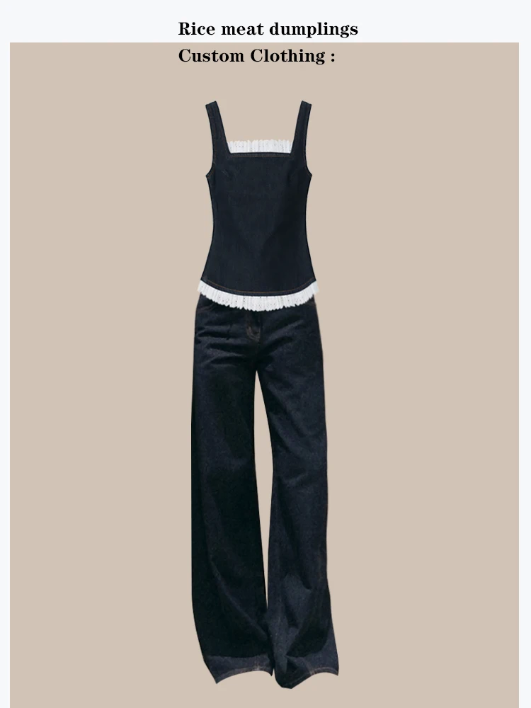 

Bohemian Lace Trim Denim Halter Top Wide Leg Pants Holiday Style Set Women's Fashion Summer Spring Season High Waist Trousers
