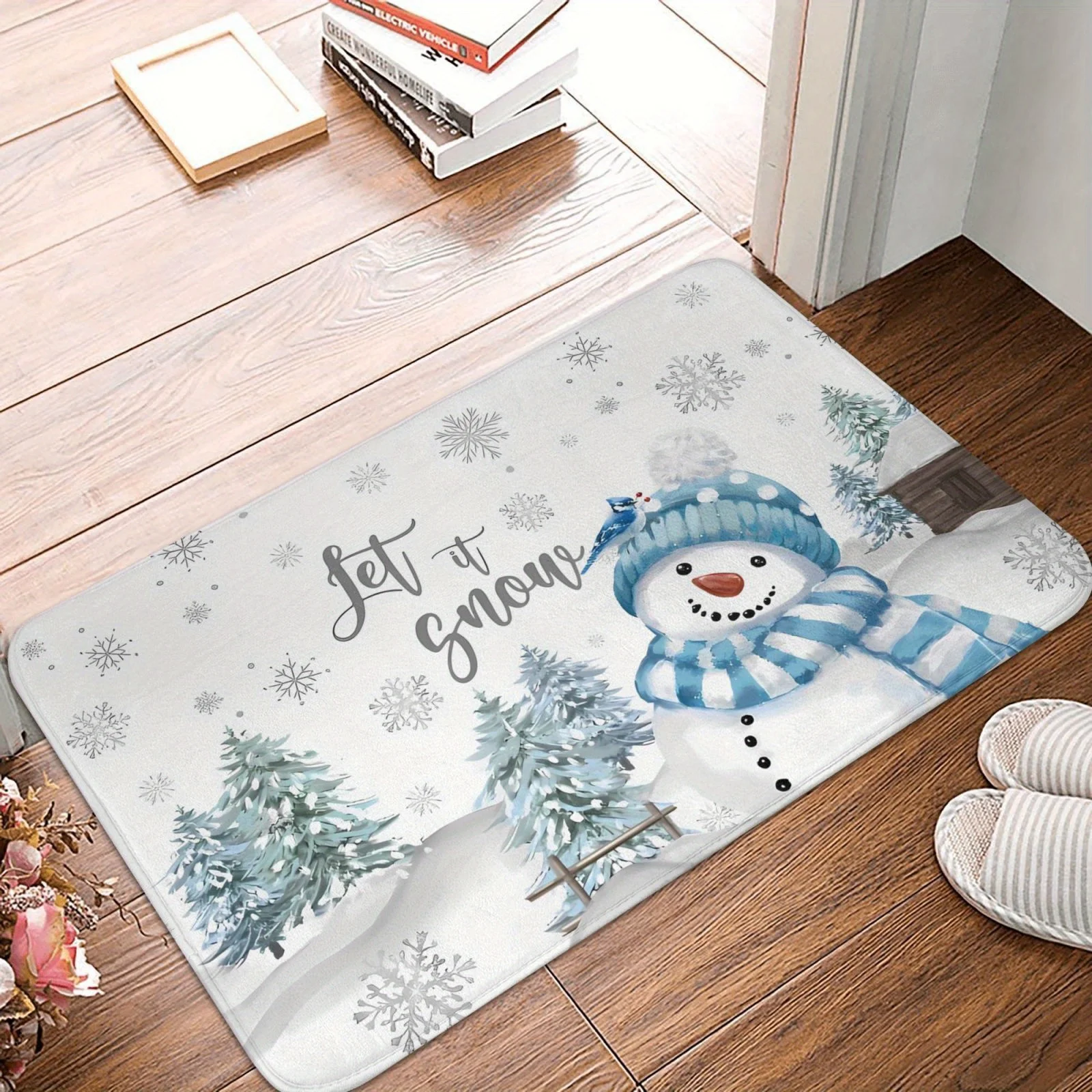 Serene Light Gray Snowman Blue Hat Let It Snow Tree Print Durable Washable Floor Mat For Soft Winter Home Indoor Mat