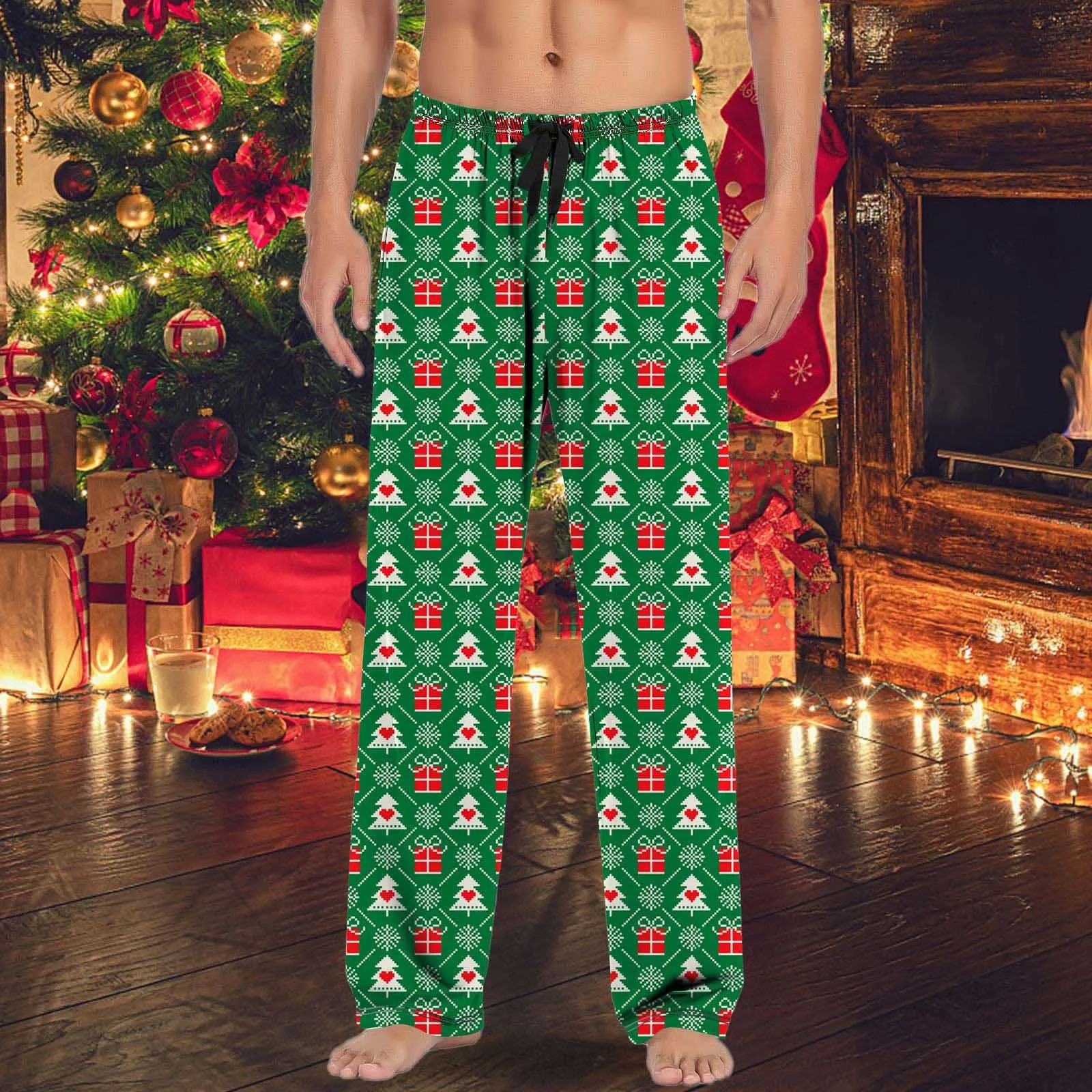 men Casual Pants Male Home Navidad Trousers Pocket Christmas Bottoms Holiday Full printing Celebration Printed pantalones