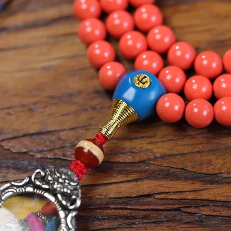 High-quality imitation coral round bead Buddhist beads multi-strand bracelet ethnic style sweater chain jewelry pendant wholesal