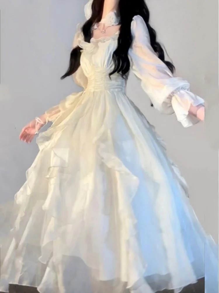 

Elegant Solid Ruffles Fairy Women Dresses Korean Fashion Slim Wasit A Line Midi Dress Fall fashion Princess Party Vestidos