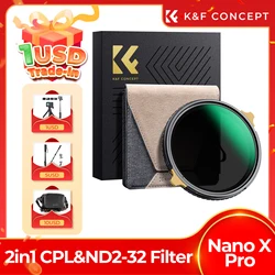 K&F Concept 2 in 1 CPL&ND2-32 Adjustable Filter Brass Frame 36 Multi-Coated Green Film Optical Glass Camera Len Filter 49mm-82mm