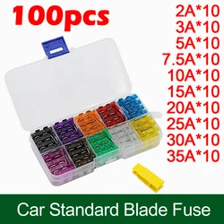 100szt Auto Truck Standard Blade Fuse Assortment Zestaw bezpieczników samochodowych 2.5/3/5/7.5/10/15/20/25/30/35A Bezpiecznik samochodowy z klipsem pudełkowym