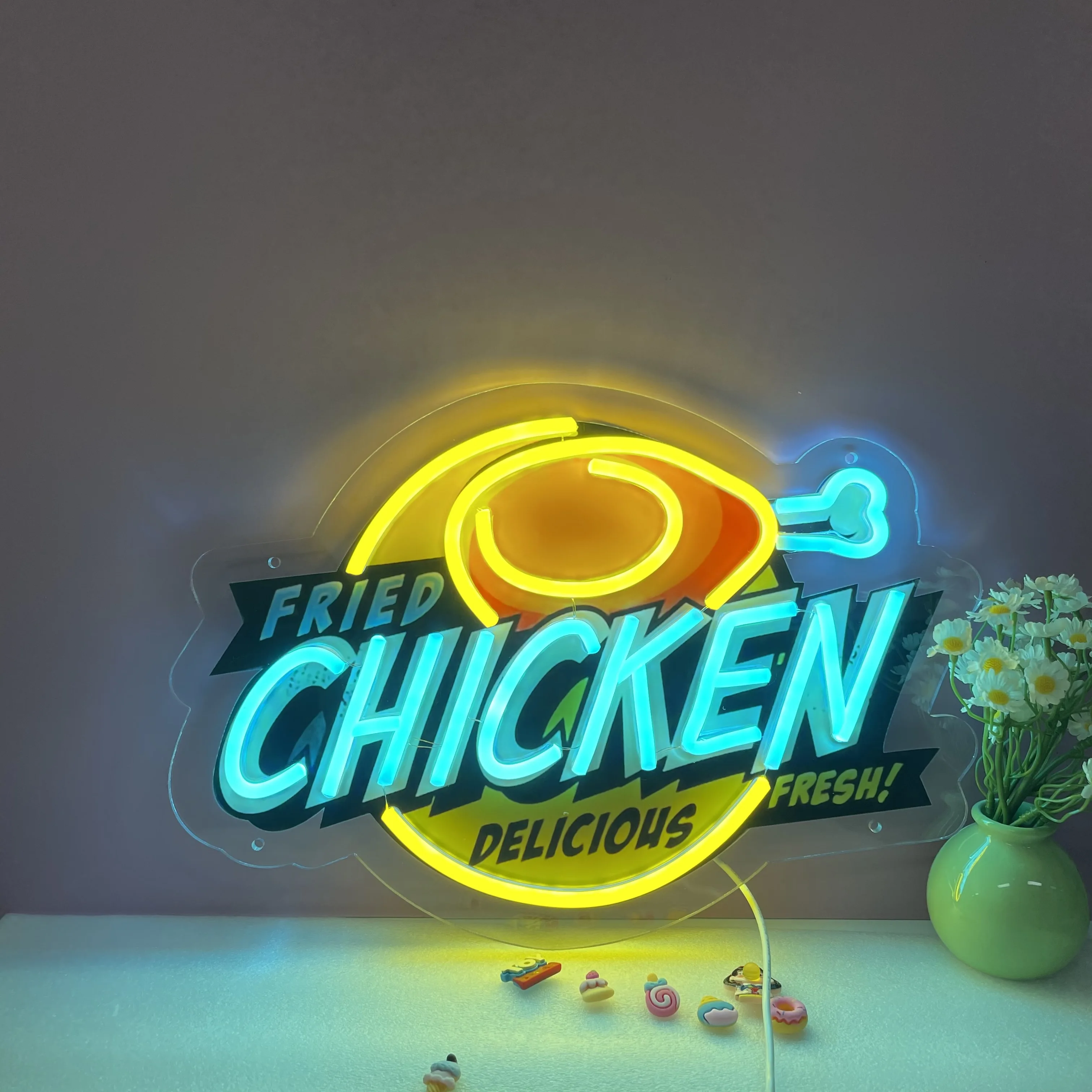 Fried Chicken Led Neon Sign Acrylic Sign Wall Art Decor Fast Food Restaurant Kitchen Business Shop Sign Dimmable Print Neon