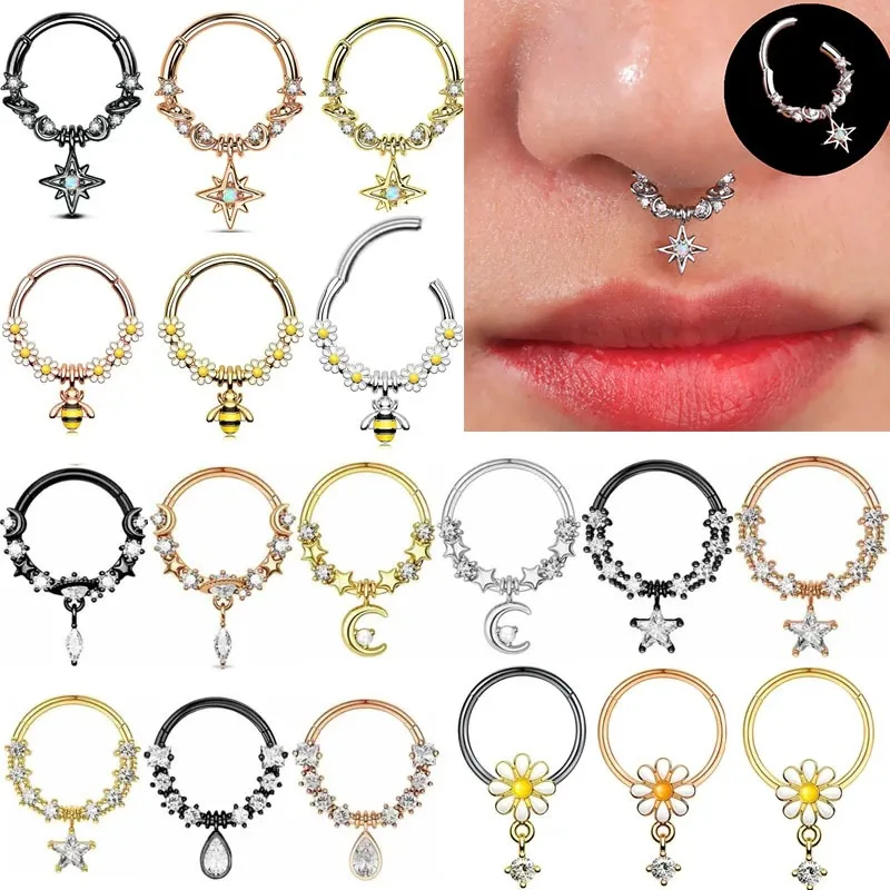 Fashion Crystal Stainless Steel Septum Hoop Clickers Nose Ring Women Tragus Cartilage Helix Piercing Hoop Earrings Jewelry