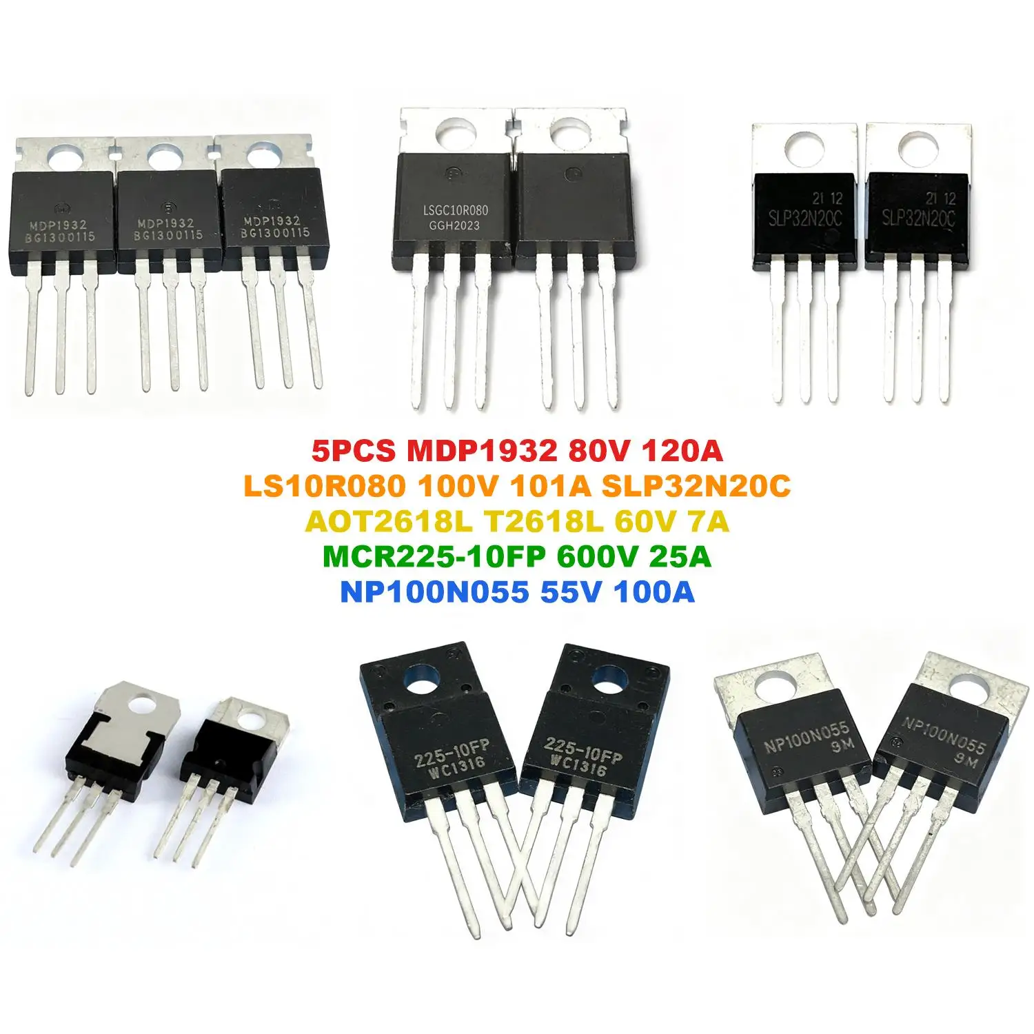 MDP1932 80V 120A LS10R080 100V 101A SLP32N20C AOT2618L T2618L 60V 7A MCR225-10FP 600V 25A NP100N055 55V 100A