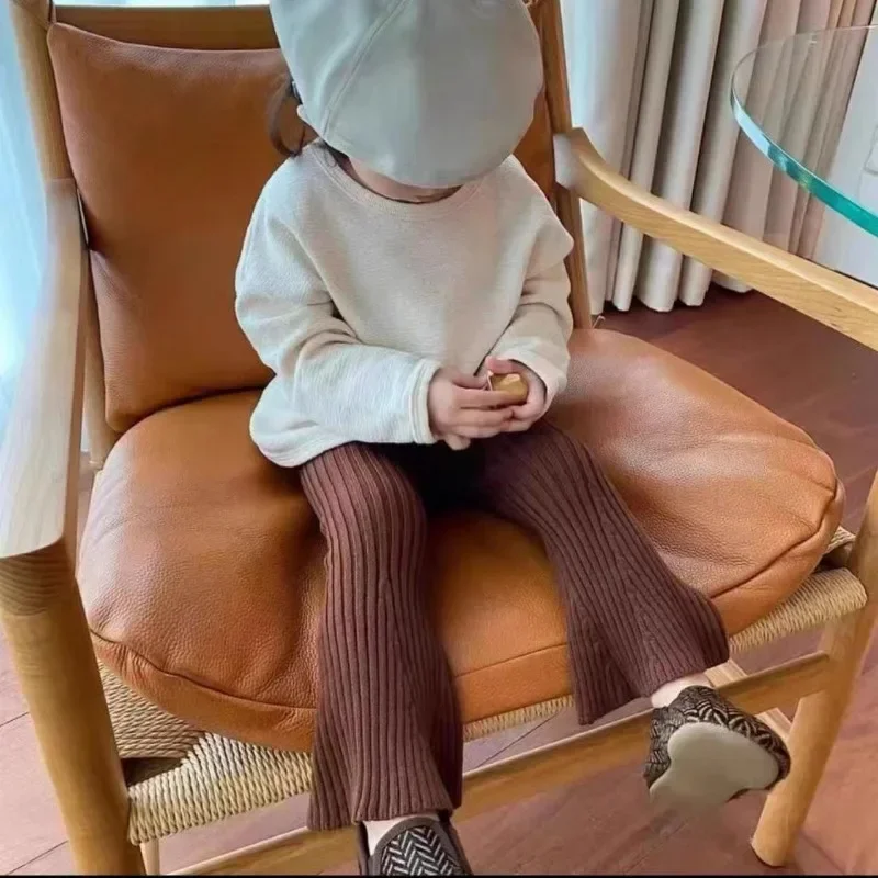 Children Clothing 2023 New Spring and Autumn Pants Girl Knitted Bell Bottoms Korean Style Baby Solid Color Wool Elastic Leggings