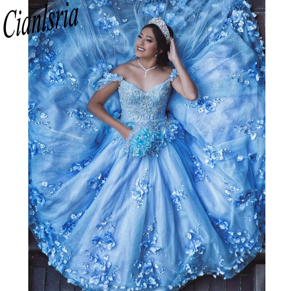 Sky Blue Ballkleid Quinceanera Kleider mit Cape 15 Party 3D Blume Cinderella 16 Prinzessin Kleider Mit Wrap