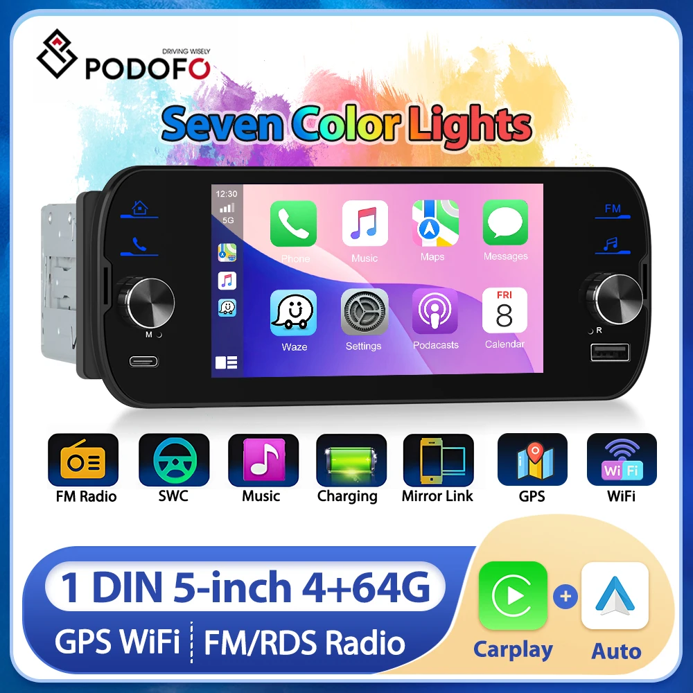 Podofo 5'' Carplay Android Auto Car Radio Split Screen Car Multimedia Player 1Din MP5 No DVD With WIFI BT GPS AI Voice Autoradio
