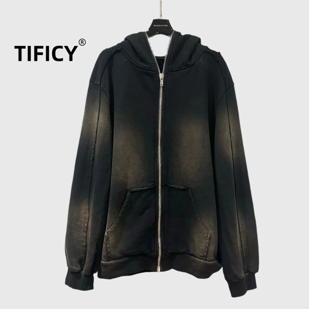 

High Street Dark Ro Hoodies Sweatshrits Men's Autumn/winter New Hoodie Jacket Washed Tie Dyed Used Zipper Hooded Jacket