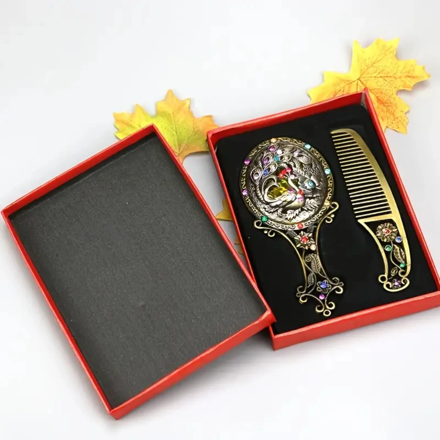 Vintage Cosmetic Mirror Comb Set - Decorative Hand Mirror & Metal Makeup Vanity Tool Non reversible mirror Compact mirror