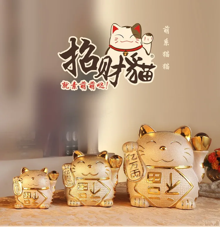 Ceramic Lucky Cat Golden Piggy Bank Children's Cartoon Piggy Bank High-value Cute Ceramic Cat Home Decoration Crafts