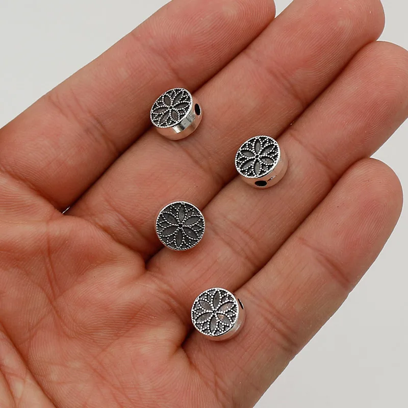 20pcs/Lot Double Sides Flower Flat Round Pie Loose Beads 10mm Manual Bracelets Metal Bead Spacer Charms DIY Jewelry Findings