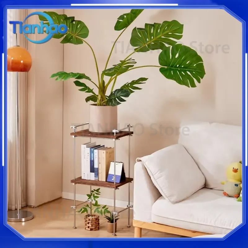 Acrylic Optical Axis Flower Shelf Adjustable Solid Wood Floor Plant Stand Stainless Steel Storage Rack for Indoor Home Decor