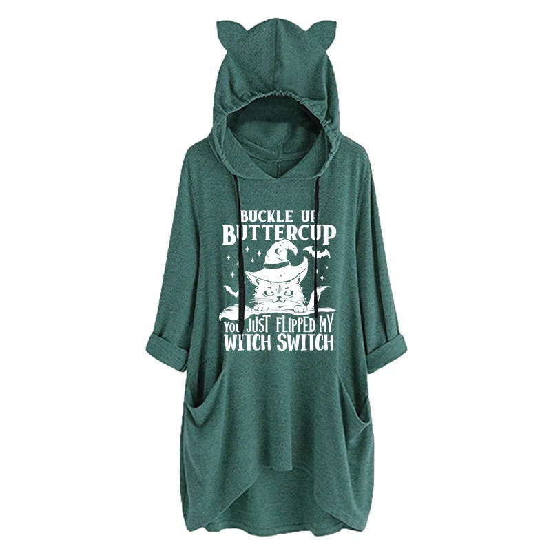 new stylish cotton autumn/winter women's buckle up buttercup monogram print retro cute Halloween cat ears hoodie