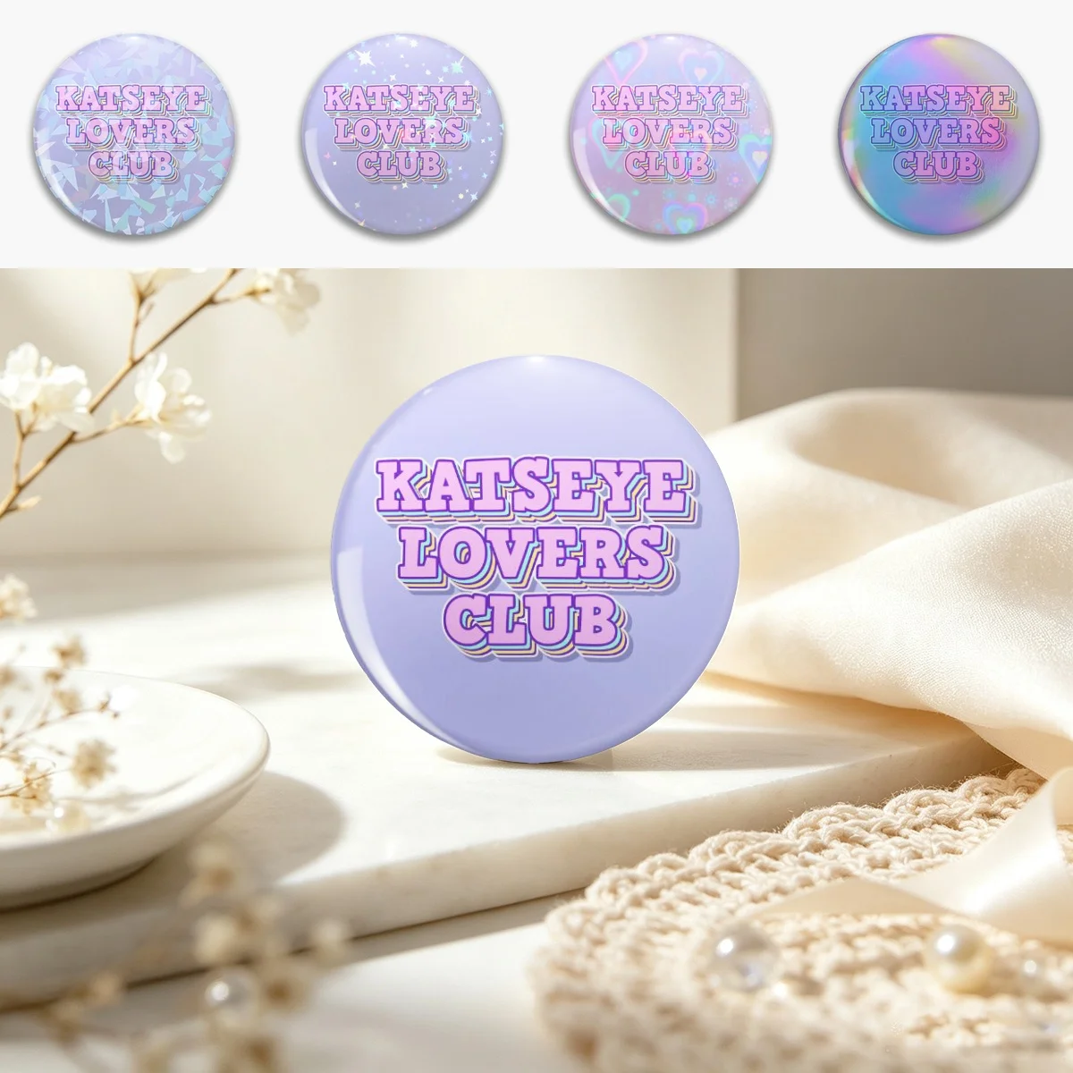 KATSEYE Lovers Club Retro Aesthetic Typography Design Pin Holographic Star Heart Pin Brooches Laminated Button Fashion Accessory