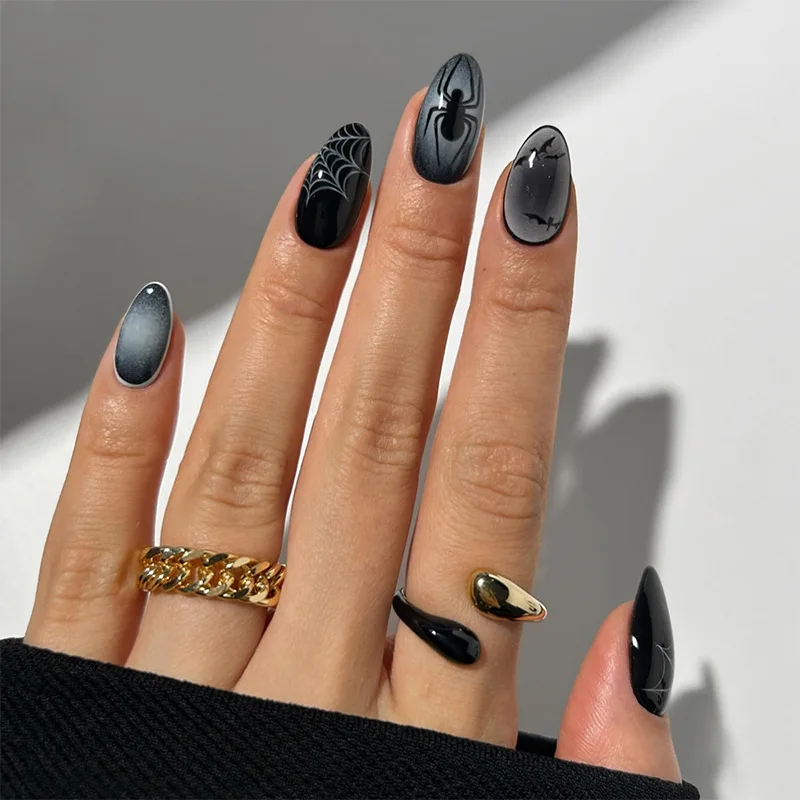 

24PCS Halloween False Nails Simple Dark Black Gradient with Spider Web Patterns French Fake Nails for Women Wearable Ins Nails