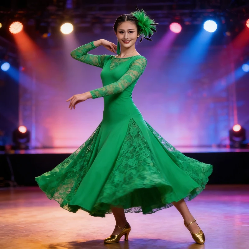 

Стильное современное платье для вальса с пышной юбкой, из дышащей ткани, подходит для бальных тренировок, повседневных и социальных танцевальных мероприятий.