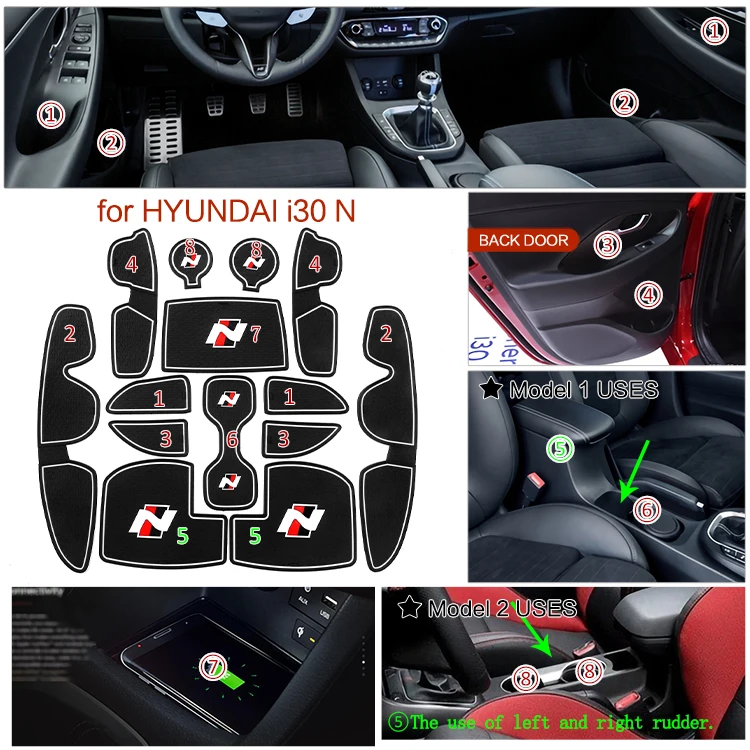 Smabee for Hyundai I30/I30 N 2017 - 2022 Anti-Slip Gate Slot Cup Mat Non-Slip Door Groove Pad Interior Accessories
